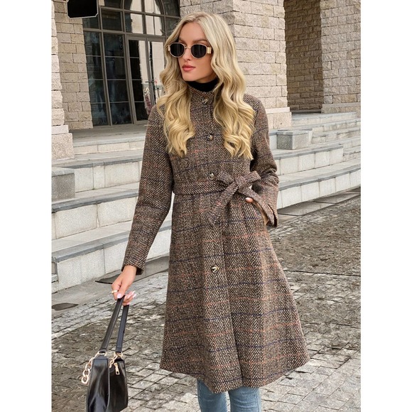 ❗️ Plaid Button Up Collared Belted Overcoat pea coat tan brown - Picture 5 of 6